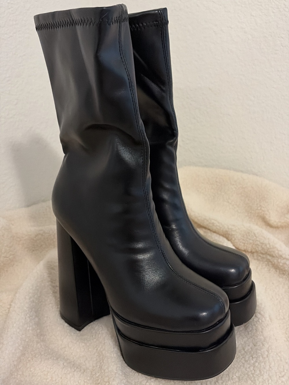 Platform High Block Heel Sock Boots in Black